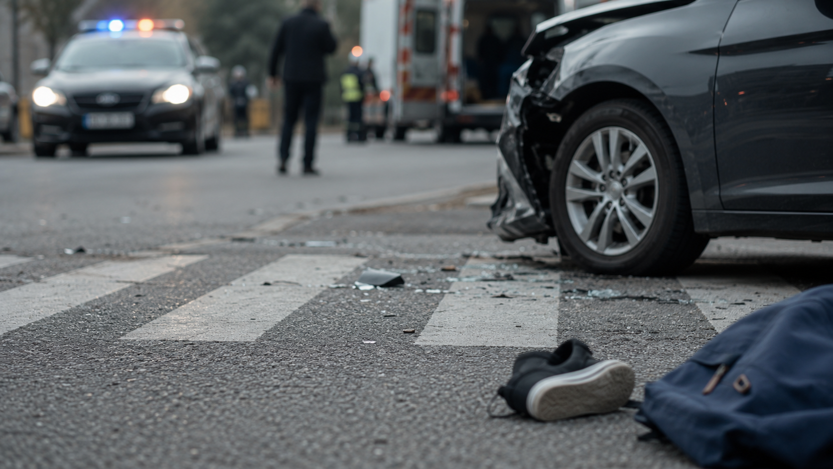 Crosswalk impact aftermath with liability evidence, fault analysis, personal injury damages, and compensation issues for victims.